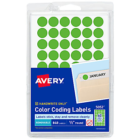 Avery&reg; Color-Coding Removable Labels, 5052, Round, 1/2 Inch Diameter, Neon Green, Pack Of 840 Non-Printable Dot Stickers