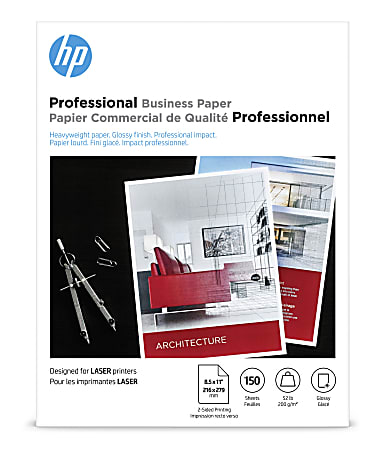 HP Professional Business Paper for Laser Printers, Glossy, Letter Size (8 1/2" x 11"), Heavyweight 52 Lb, Pack Of 150 Sheets (4WN10A)