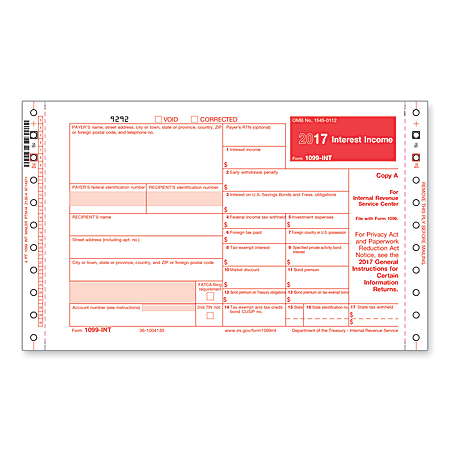 ComplyRight 1099-INT Self-Mailer Inkjet Tax Forms For 2017, Outside Copies A, State And C/Inside Copy B, 4-Part, 9" x 11", Pack Of 100