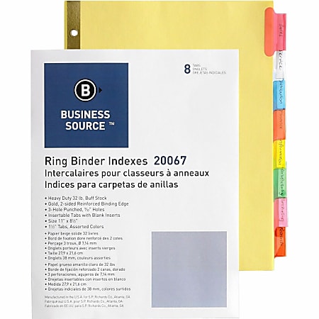 Business Source Reinforced Insertable Tab Indexes - 8 x Divider(s) - 8 Tab(s)/Set1.50" Tab Width - 8.5" Divider Width x 11" Divider Length - Letter - 3 Hole Punched - Buff Divider - Manila Tab(s)