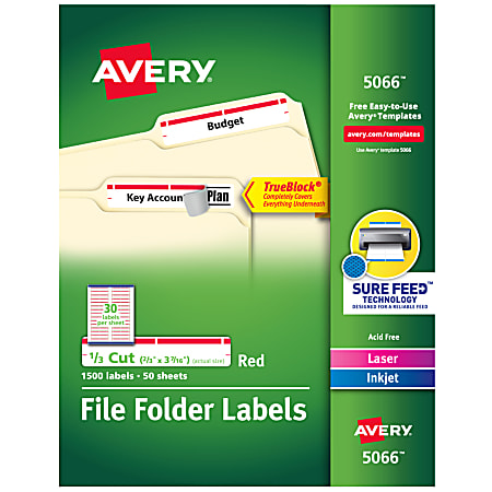 Avery® TrueBlock® Permanent Inkjet/Laser File Folder Labels, 5066, 2/3" x 3 7/16", Red, Box Of 1,500