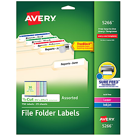 Avery® TrueBlock® Permanent Inkjet/Laser File Folder Labels, 5266, 2/3" x 3 7/16", Assorted, Box Of 750