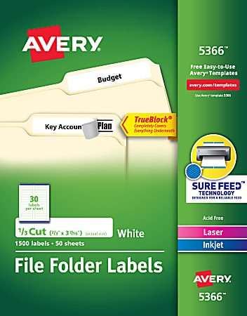 Avery® TrueBlock® File Folder Labels With Sure Feed® Technology, 5366, Rectangle, 2/3" x 3-7/16", White, Pack Of 1,500