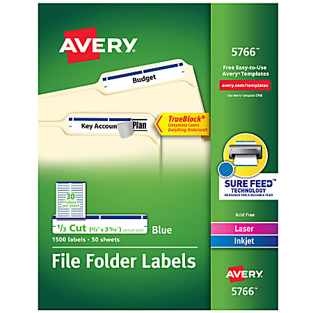 Avery® TrueBlock® Permanent Inkjet/Laser File Folder Labels, 5766, 2/3" x 3 7/16", Blue, Box Of 1,500