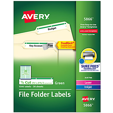 Avery® TrueBlock® Permanent Inkjet/Laser File Folder Labels, 5866, 2/3" x 3 7/16", Green, Box Of 1,500
