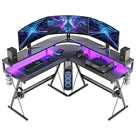 Bestier L-Shaped RGB Gaming Computer Desk With Monitor Stand & Multi-Function Hooks, 57"W, Black Carbon Fiber