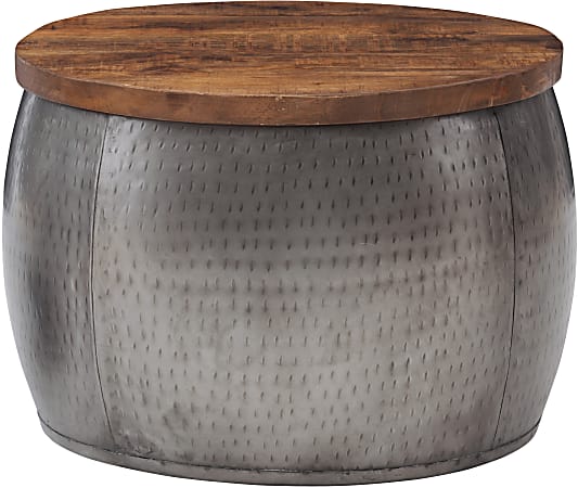 Powell Angus Drum Side Table With Storage, 16"H x 22-1/2"W x 22-1/2"D, Pewter/Brown