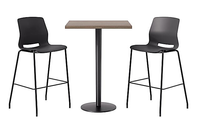 KFI Studios Proof Bistro Square Pedestal Table With Imme Bar Stools, Includes 2 Stools, 43-1/2”H x 30”W x 30”D, Studio Teak Top/Black Base/Black Chairs