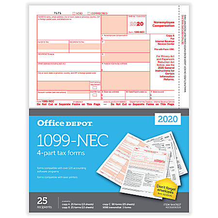 Office Depot® Brand 1099-NEC Laser Tax Forms, 2-Up, 4-Part, 8-1/2" x 11", Pack Of 25 Forms