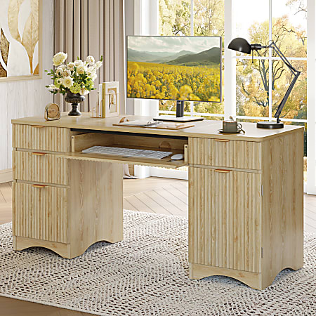Bestier 63"W Fluted Executive Corner Desk, Natural