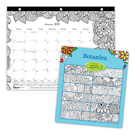 Blueline® DoodlePlan™ Monthly Coloring Desk Pad, 8 1/2" x 11", Botanica Design, January to December 2018