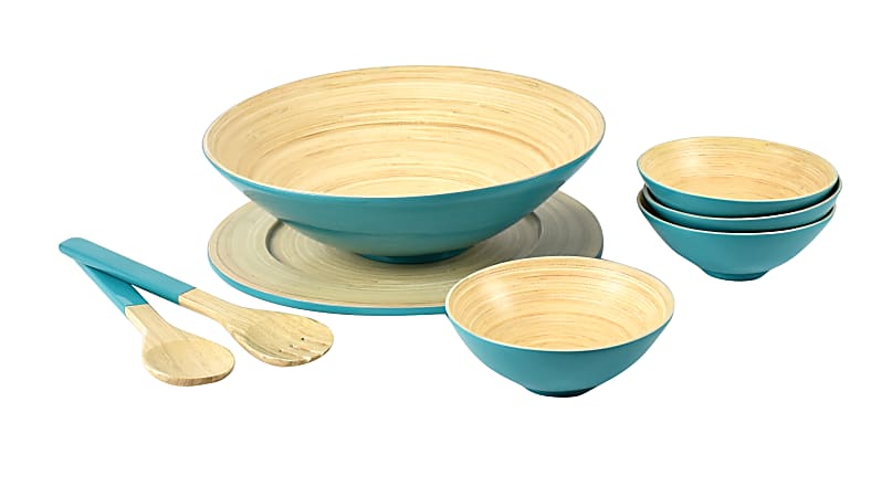 Orbit 8-Piece Bamboo Bowl Set, Natural/Teal