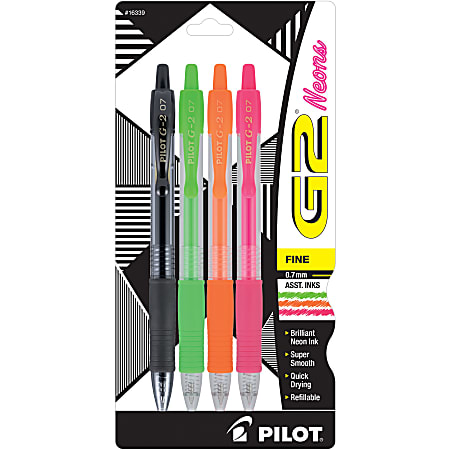 Pilot G2 Neons Gel Pens Fine Point 0.7 mm Clear Barrels Assorted Ink Pack  Of 4 Pens - Office Depot