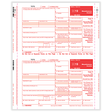 ComplyRight™ 1099-MISC Tax Forms, Carbon Interleaved, Outside Copies A And C/Inside Copy B, 3-Part Self-Mailer, 9" x 11", Pack Of 100 Forms