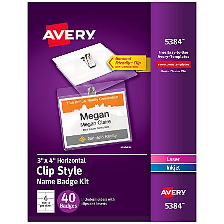 Avery® Customizable Name Badges With Clips, Rectangle, 5384, 3" x 4", Clear Name Tag Holders With White Printable Inserts, Box Of 40