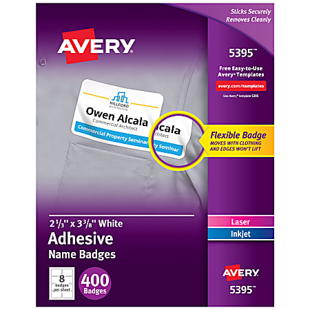 Avery® Flexible Name Badge Labels, 5395, 2 1/3" x 3 3/8", White, Box Of 400