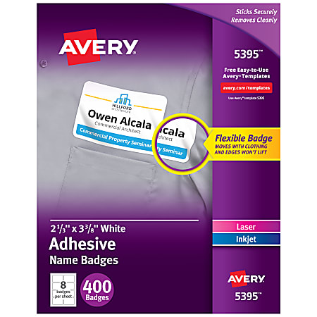 Avery Flexible Name Badge Labels 5395 2 13 x 3 38 White Box Of 400 - Office  Depot