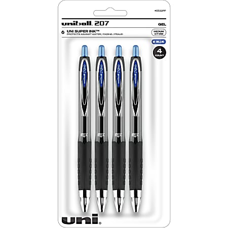 uniball™ 207 Gel Pens, Pack Of 4, Medium Point, 0.7 mm, Translucent Black Barrel, Blue Ink
