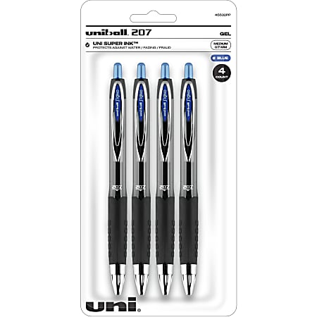 Uni-Ball 207 Gel Pens, Pack Of 4, Medium Point, 0.7 mm, Translucent Black Barrel, Blue Ink