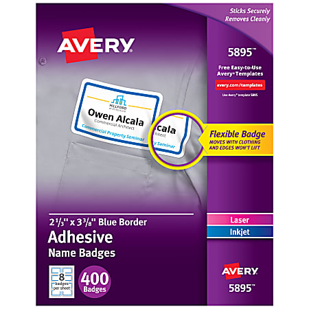 Avery® Flexible Name Badge Labels, 5895, 2 1/3" x 3 3/8", White With Blue Border, Box Of 400