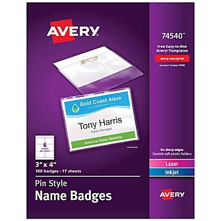 Avery® Customizable Name Badges With Pins, 74540, 3" x 4", Clear Name Tag Holders With White Printable Inserts, Pack of 100