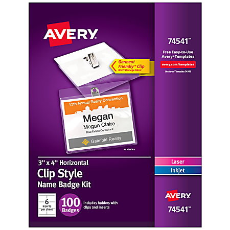 Avery® Customizable Name Badges With Clips, Rectangle, 74541, 3" x 4", Clear Holders With White Inserts, 100 Badges