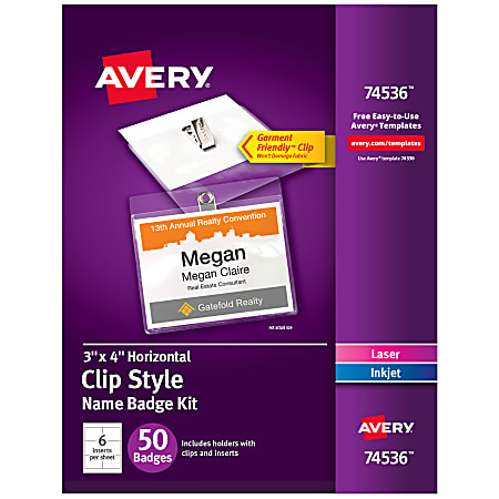 Avery® Customizable Name Badges With Clips, Rectangle, 74536, 3" x 4", Clear Holders With White Inserts, Box Of 50
