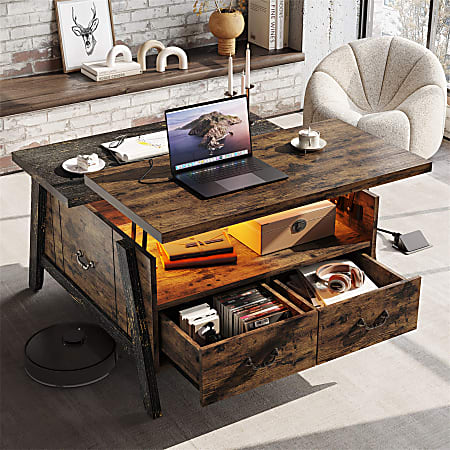 Bestier Wood  Lift Top Square Coffee Table With LED Lights & Storage Drawers, 20”H x 35-7/16”W x 35-7/16”D, Rustic Brown