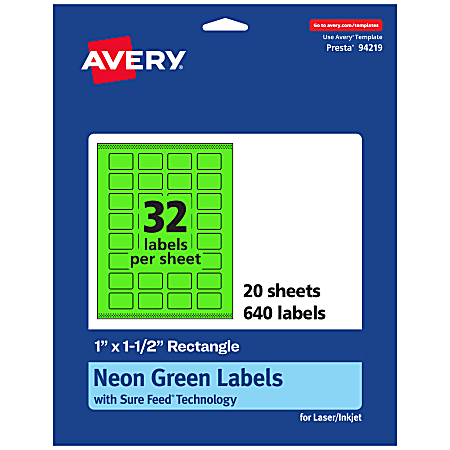 Avery® Print-To-The-Edge Labels With Sure Feed® Technology And Easy Peel®, 94219-NGP20, Rectangle, 1" x 1-1/2", Matte Neon Green, Pack of 640