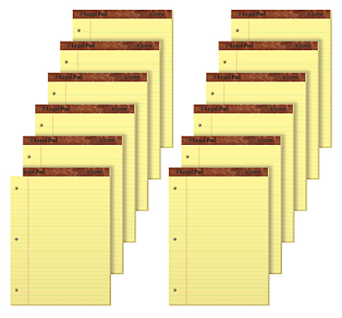 TOPS&trade; 3-Hole Punched Perforated Writing Pads, 8 1/2" x 11 3/4", Legal Ruled, 50 Sheets, Canary, Pack Of 12 Pads