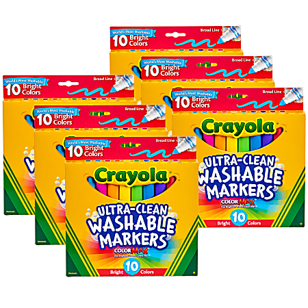 Crayola Ultra-Clean Markers, Broad Tip, Assorted Colors, 10 Markers Per Pack, Set Of 6 Packs