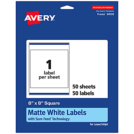 Avery® Permanent Labels With Sure Feed®, 94108-WMP50, Square, 8" x 8", White, Pack Of 50