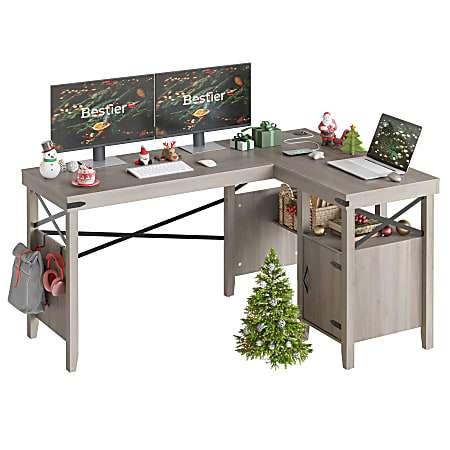 Bestier 60"W L-Shaped Corner Computer Desk With Storage Cabinet & Accessory Hooks, Gray Wash