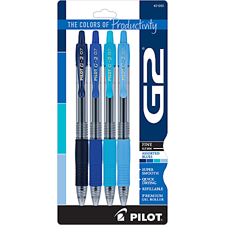 Pilot G2 Gel Pen, Fine Point, 0.7mm, Transparent barrel, Assorted blue inks, Pack of 4 pens