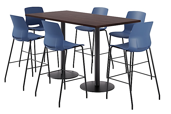 KFI Studios Proof Bistro Rectangle Pedestal Table With 6 Imme Barstools, 43-1/2"H x 72"W x 36"D, Cafelle/Black/Navy Stools