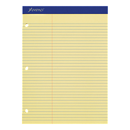 Ampad® Perforated 3-Hole Punched Dual Writing Pad, Law Rule, 8 1/2" x 11 3/4", Canary, 100 Sheets