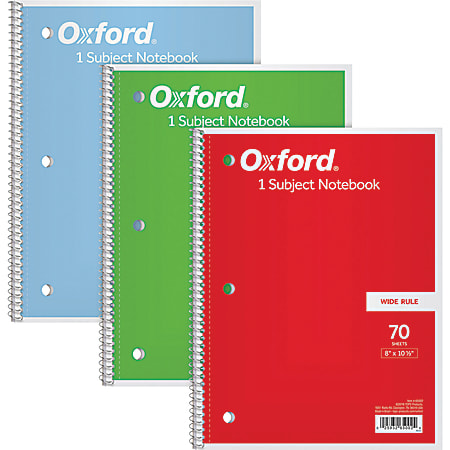 Oxford® Spiral Notebooks, 8” x 10-1/2”, Wide-Ruled, Assorted, Pack Of 3 Notebooks