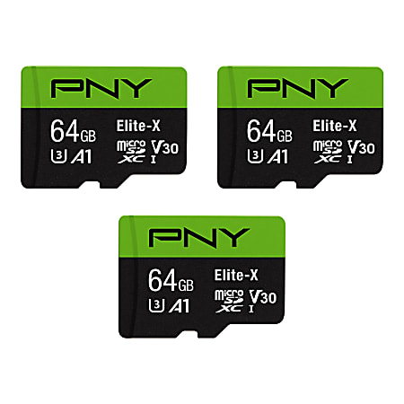 PNY® Elite-X Class 10 U3 V30 microSDXC Flash Memory Cards, 64GB, Pack Of 3 Memory Cards