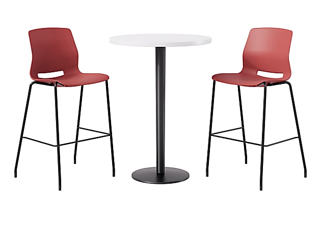 KFI Studios Proof Bistro Round Pedestal Table With Imme Barstools, 2 Barstools, 30", Designer White/Black/Coral Stools
