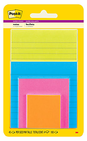 Post-it® Super Sticky Notes, Multi Sizes, Energy  Boost Collection, Lined and Unlined Notes, 4 Pads/Pack, 45 Sheets/Pad