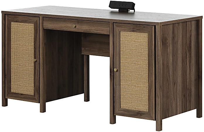 South Shore Talie 60"W Computer Office Desk, Natural Walnut/Printed Rattan