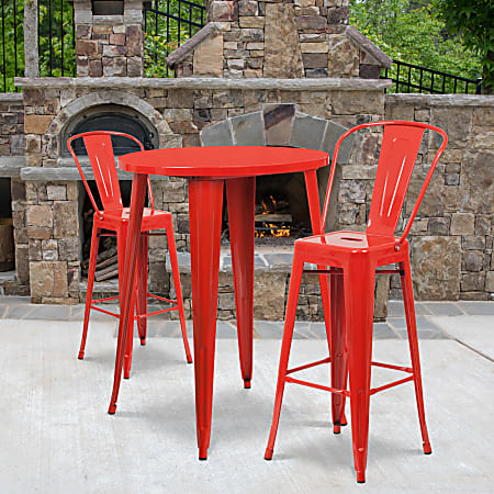 Flash Furniture Commercial-Grade Round Metal Indoor/Outdoor Bar Table Set With 2 Café Stools, 41"H x 30"W x 30"D, Red