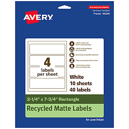 Avery® Recycled Paper Labels, 94244-EWMP10, Rectangle, 2-1/4" x 7-3/4", White, Pack Of 40