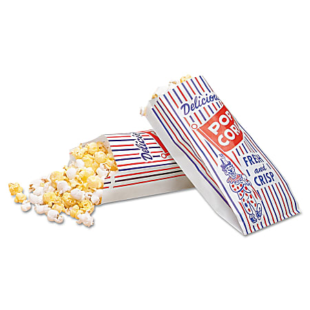 Bagcraft Pinch-Bottom Paper Popcorn Bags, 8"H x 4"W x 1 1/2"D, Blue/Red/White, Pack Of 1,000 Bags