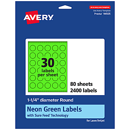 Avery® Print-To-The-Edge Labels With Sure Feed® Technology, 94505-NGP80, Round, 1-1/4", Matte Neon Green, Pack of 2400