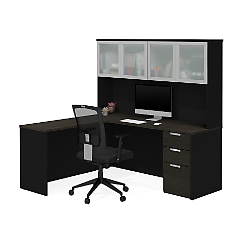 Bestar Pro-Concept Plus 72"W L-Shaped Corner Desk With Pedestal And Frosted Glass-Door Hutch, Deep Gray/Black