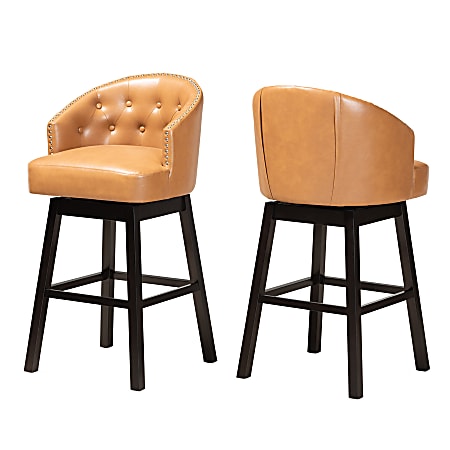 Baxton Studio Theron Faux Leather Swivel Bar Stools, Tan/Dark Brown, Set Of 2