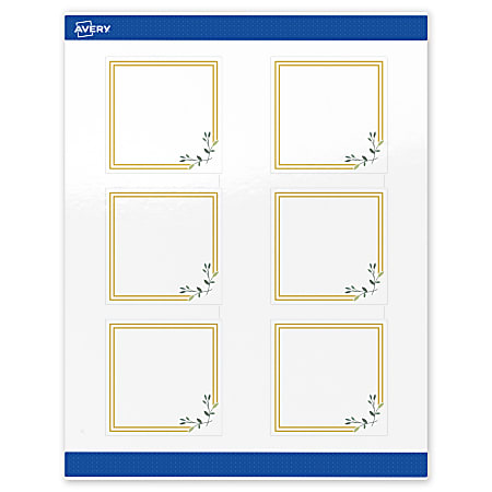Avery® Print-To-The-Edge Labels & Sure Feed®, S00-DMT-PRWGP10, 3" x 3", Glossy White, Preprinted Double Gold Border & Floral Design, Pack Of 60
