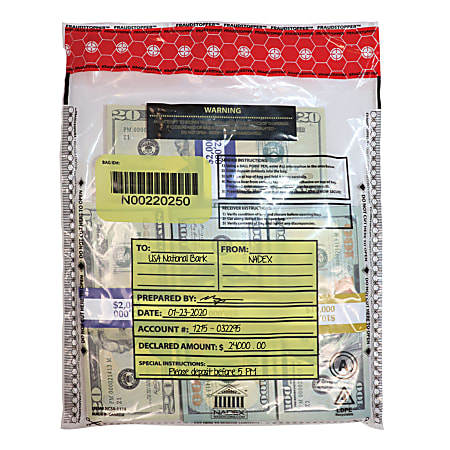 Nadex Coins Tamper-Evident FRAUDSTOPPER NCS1-0002 Bank Deposit Bags, 12" x 9", Clear, Pack Of 50 Bags