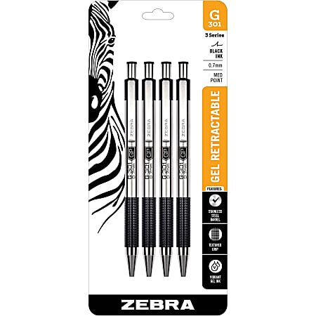 Zebra® Pen STEEL 3 Series G-350 Retractable Gel Pens, Pack Of 4, Medium Point, 0.7 mm, Black Barrel, Black Ink